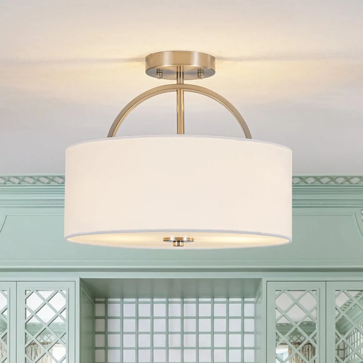Mid-Century Brass Wide Linen Drum Semi Flush Mount