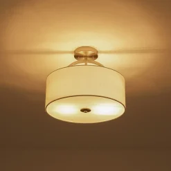Mid-Century Brass Wide Linen Drum Semi Flush Mount