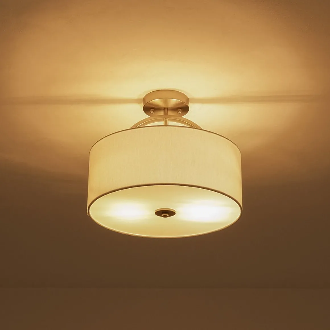 Mid-Century Brass Wide Linen Drum Semi Flush Mount