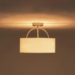 Mid-Century Brass Wide Linen Drum Semi Flush Mount