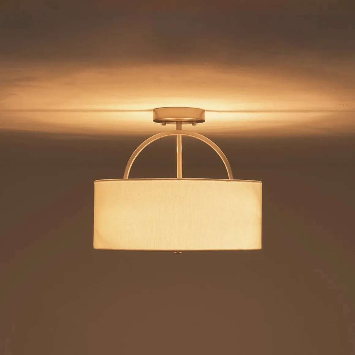 Mid-Century Brass Wide Linen Drum Semi Flush Mount