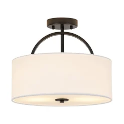 Mid-Century Brass Wide Linen Drum Semi Flush Mount