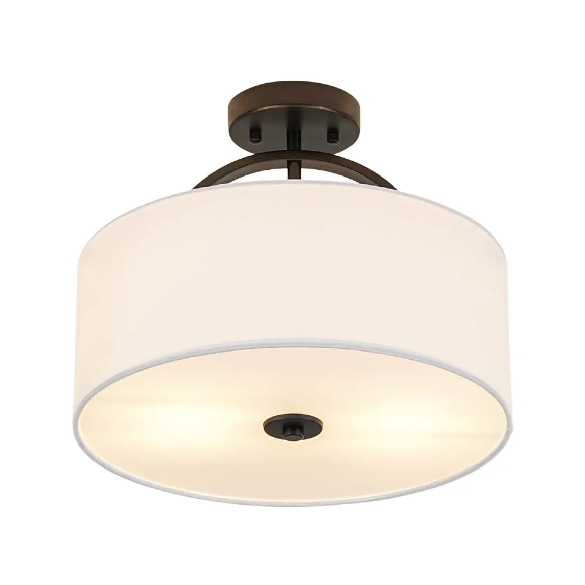 Mid-Century Brass Wide Linen Drum Semi Flush Mount