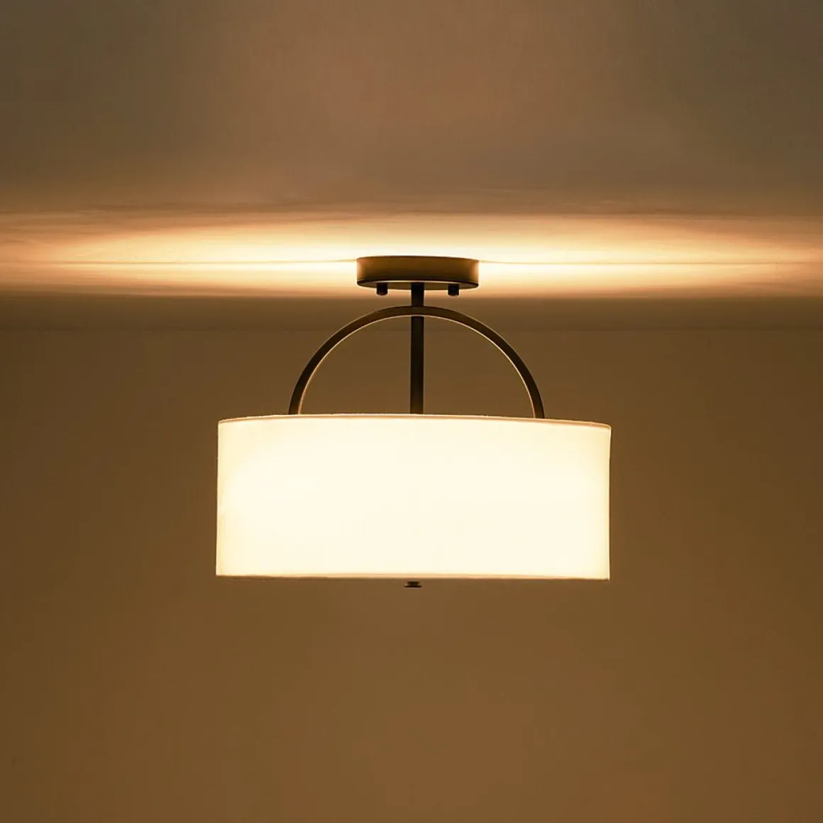 Mid-Century Brass Wide Linen Drum Semi Flush Mount