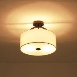 Mid-Century Brass Wide Linen Drum Semi Flush Mount
