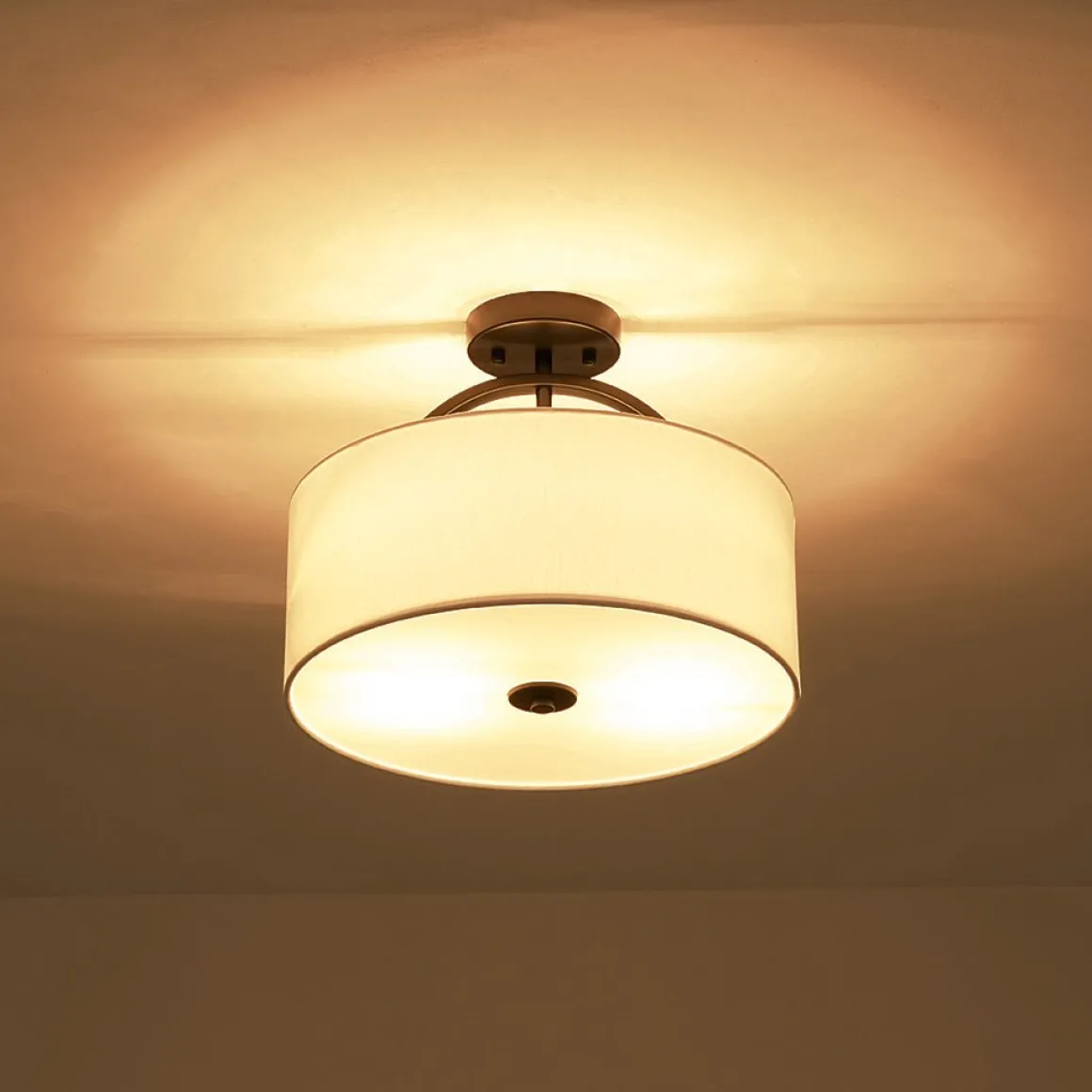 Mid-Century Brass Wide Linen Drum Semi Flush Mount