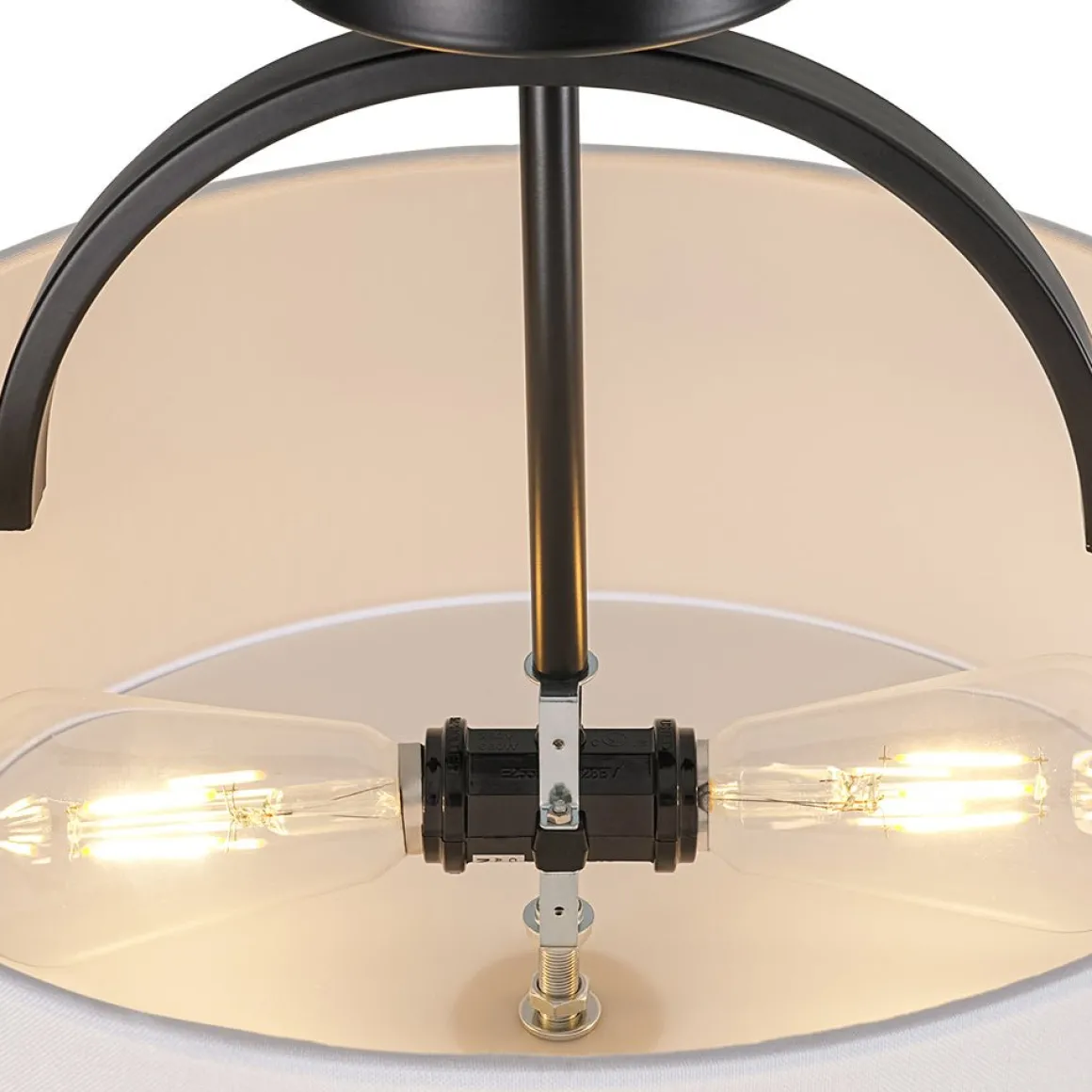 Mid-Century Brass Wide Linen Drum Semi Flush Mount