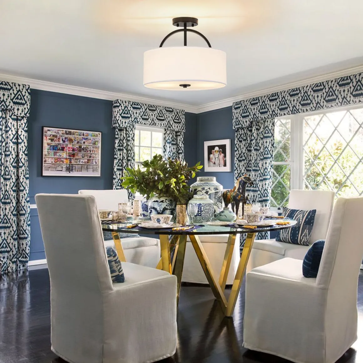 Mid-Century Brass Wide Linen Drum Semi Flush Mount