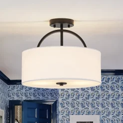 Mid-Century Brass Wide Linen Drum Semi Flush Mount