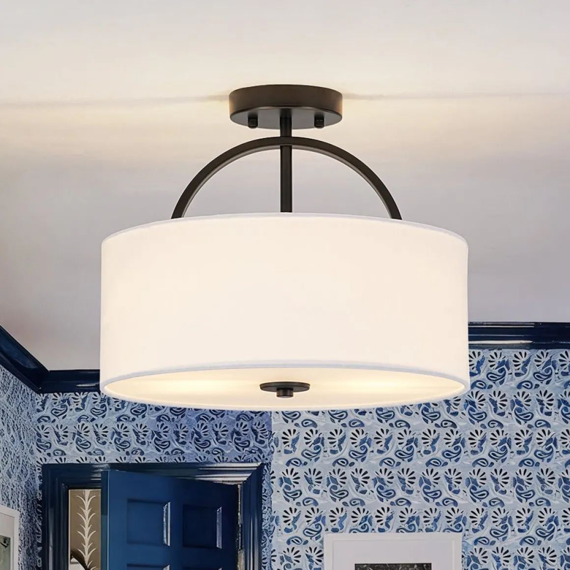 Mid-Century Brass Wide Linen Drum Semi Flush Mount