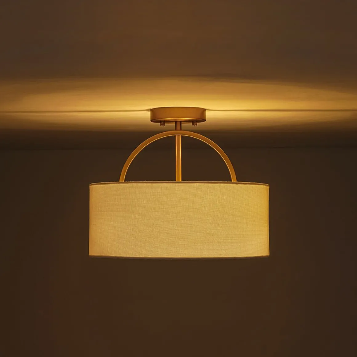 Mid-Century Brass Wide Linen Drum Semi Flush Mount