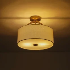 Mid-Century Brass Wide Linen Drum Semi Flush Mount
