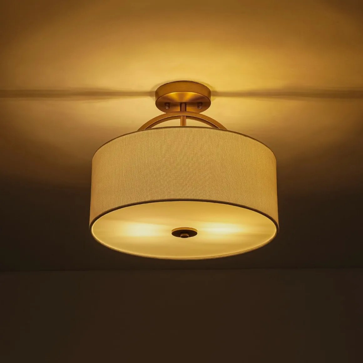 Mid-Century Brass Wide Linen Drum Semi Flush Mount
