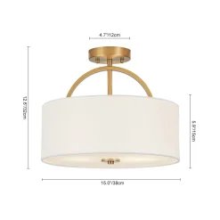 Mid-Century Brass Wide Linen Drum Semi Flush Mount
