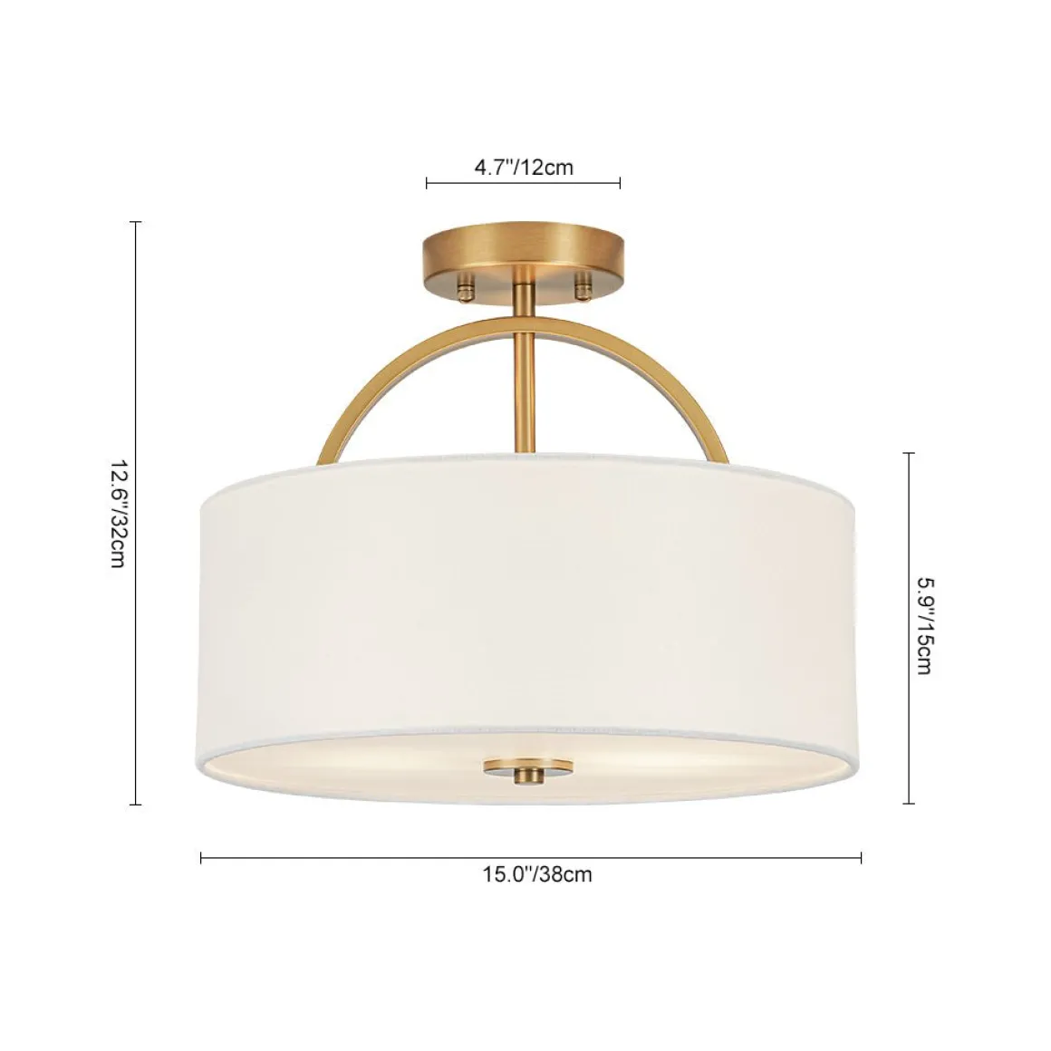 Mid-Century Brass Wide Linen Drum Semi Flush Mount