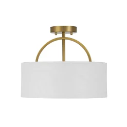 Mid-Century Brass Wide Linen Drum Semi Flush Mount