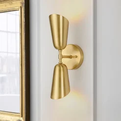 Mid-Century Brushed Brass 2-Light Up Down Dual Cone Wall Lamp