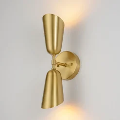 Mid-Century Brushed Brass 2-Light Up Down Dual Cone Wall Lamp