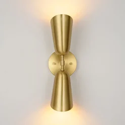 Mid-Century Brushed Brass 2-Light Up Down Dual Cone Wall Lamp