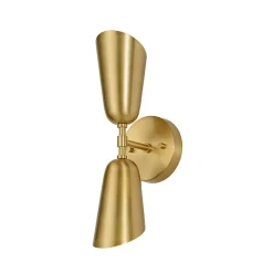 Mid-Century Brushed Brass 2-Light Up Down Dual Cone Wall Lamp