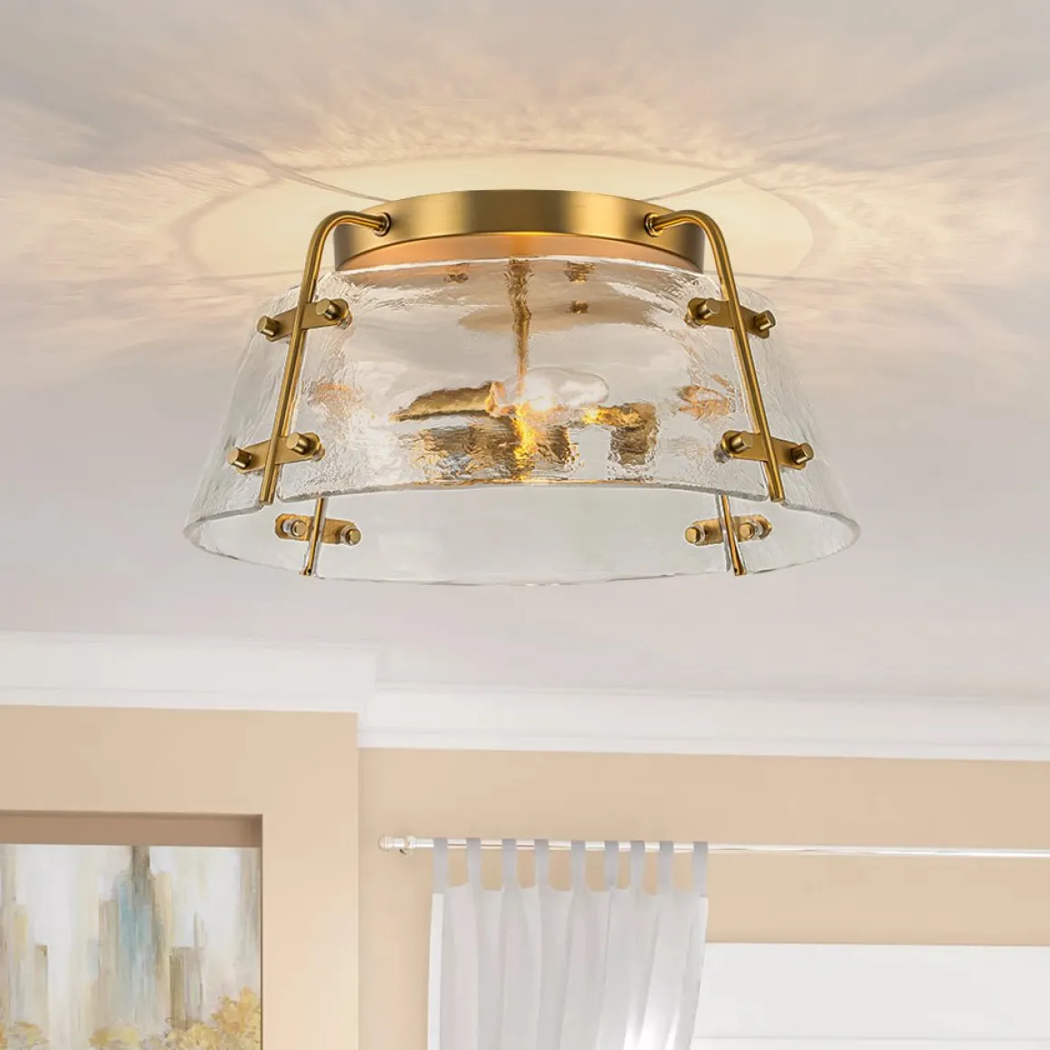 Mid-Century Clear Textured Glass Drum Flush Mount Light