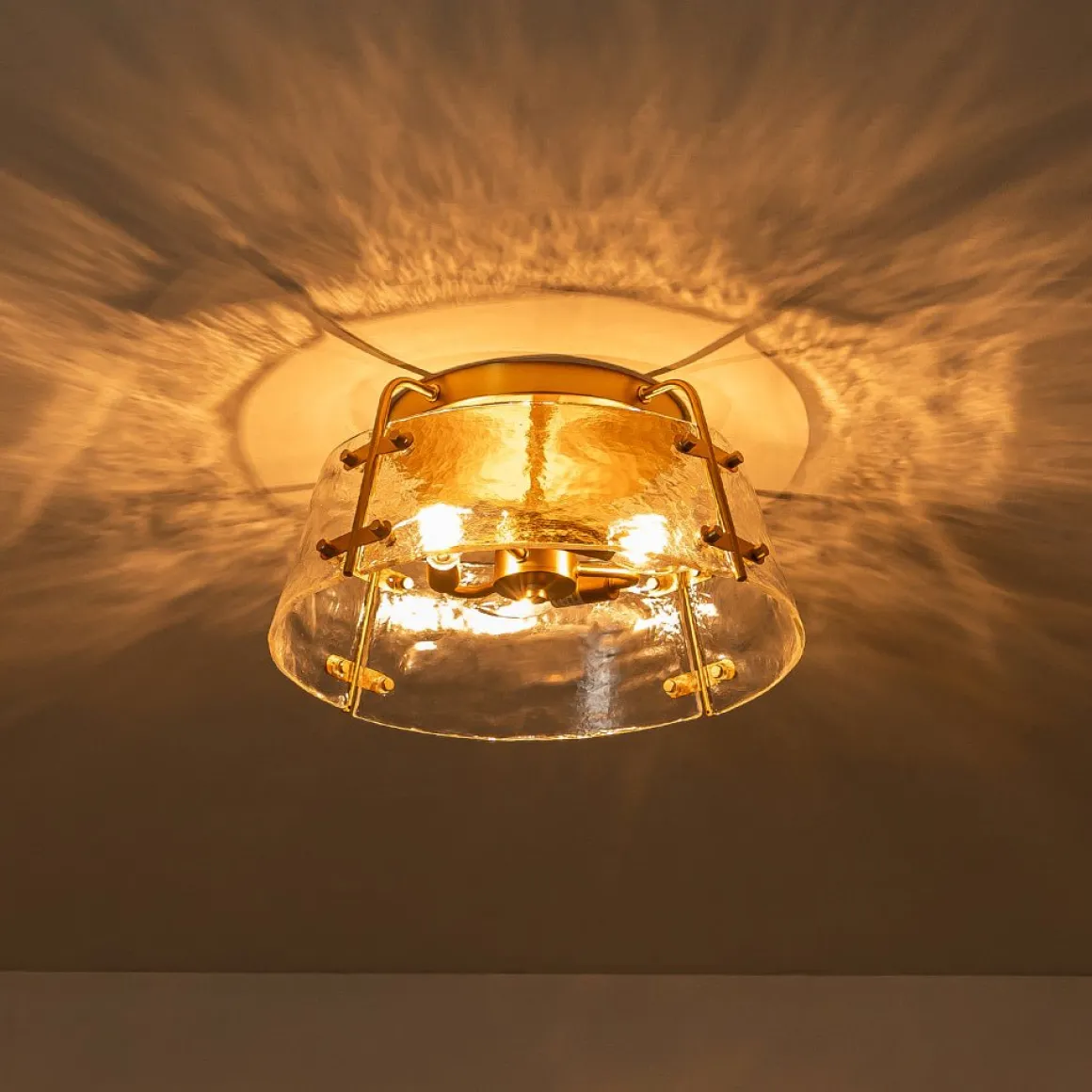 Mid-Century Clear Textured Glass Drum Flush Mount Light