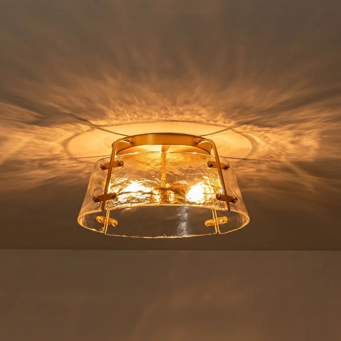 Mid-Century Clear Textured Glass Drum Flush Mount Light