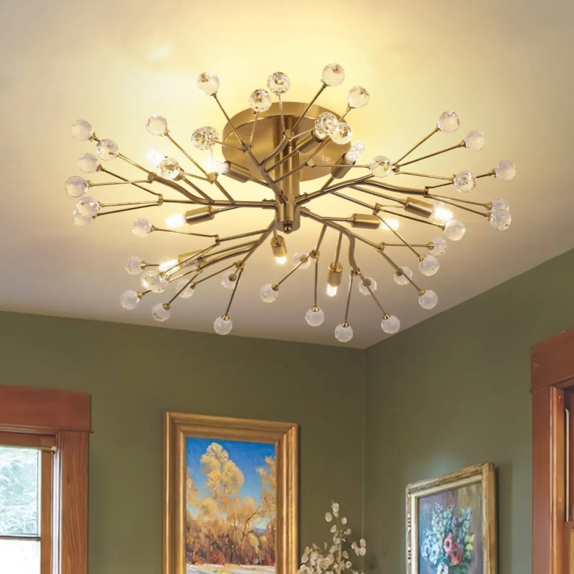 Mid-Century Firework Crystal Branching Semi Flush Mount