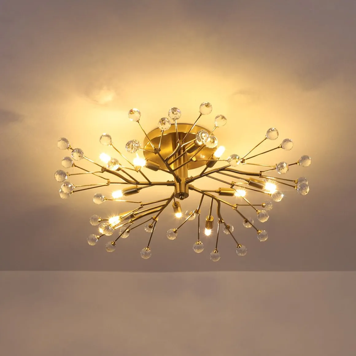 Mid-Century Firework Crystal Branching Semi Flush Mount