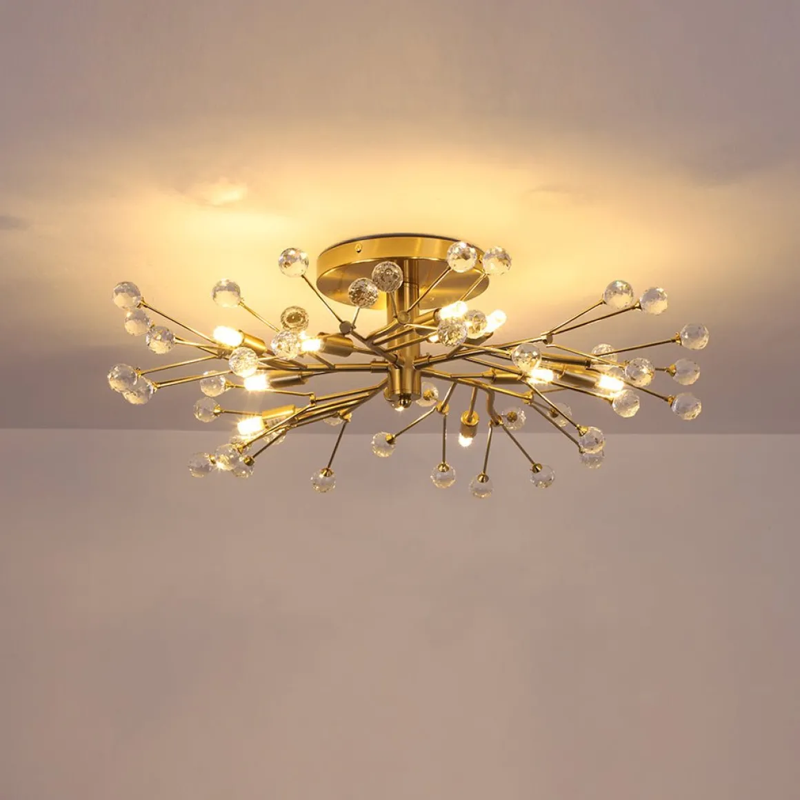 Mid-Century Firework Crystal Branching Semi Flush Mount