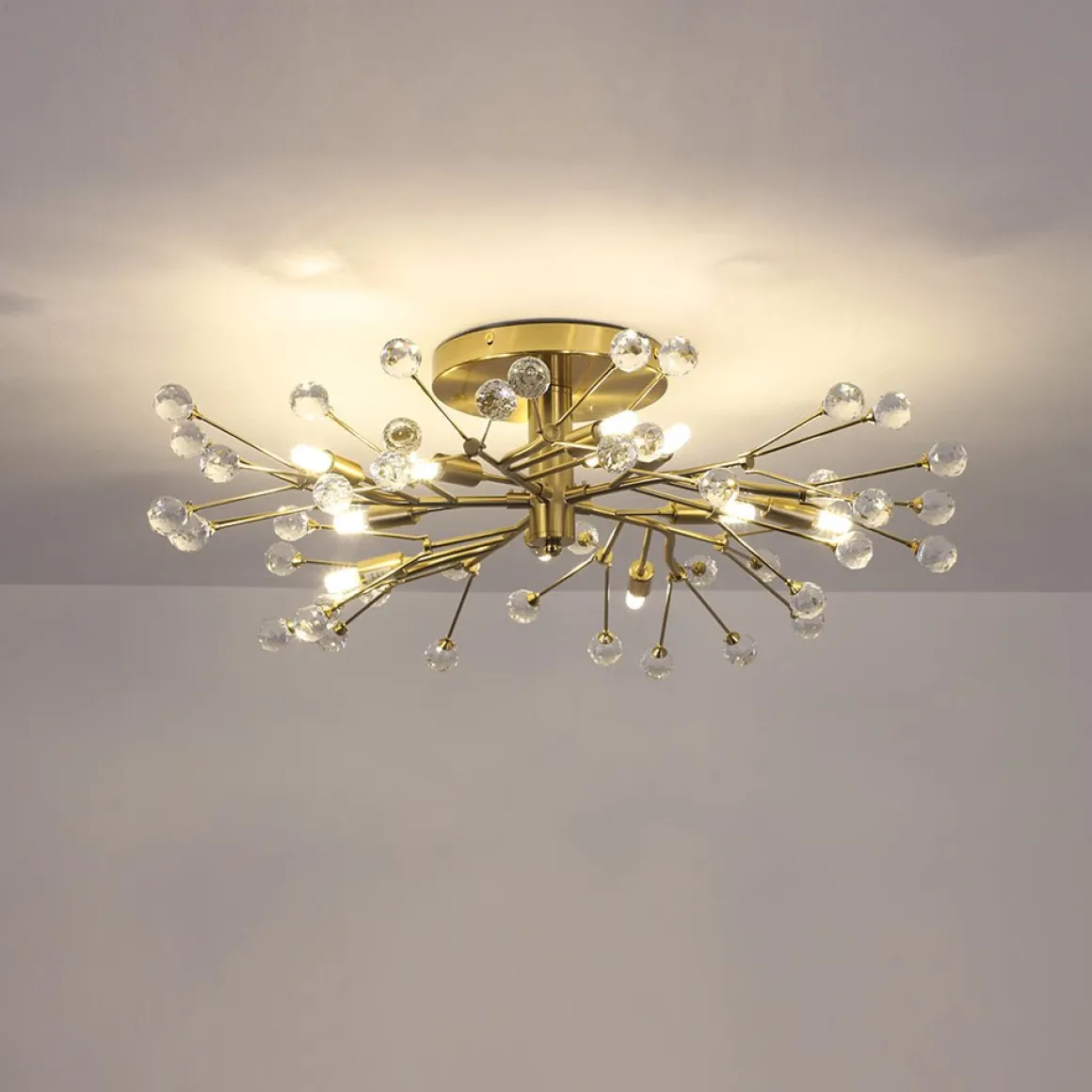 Mid-Century Firework Crystal Branching Semi Flush Mount