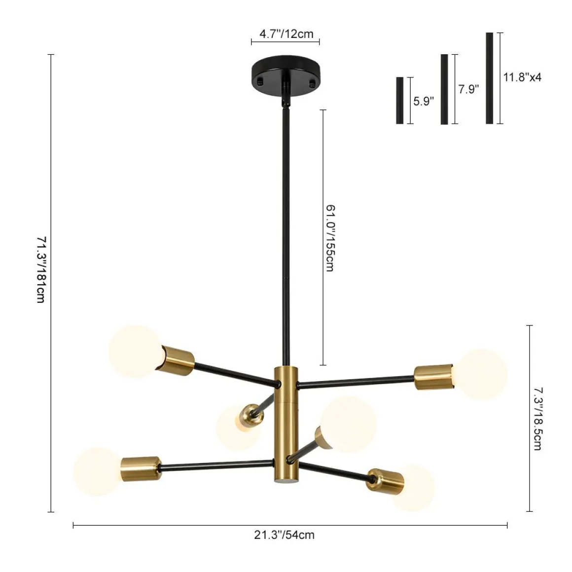 Mid-century 6-Light Black Brass Tiered Sputnik Chandelier