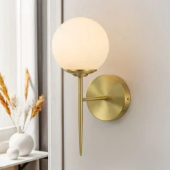 Mid-Century 1-Light Brass Frosted Glass Globe Wall Sconce