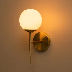 Mid-Century 1-Light Brass Frosted Glass Globe Wall Sconce