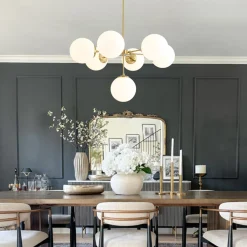 Mid-Century 7-light Brass Opal Glass Globe Sputnik Chandelier