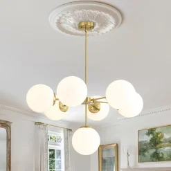 Mid-Century 7-light Brass Opal Glass Globe Sputnik Chandelier