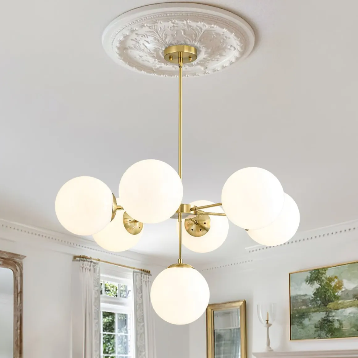 Mid-Century 7-light Brass Opal Glass Globe Sputnik Chandelier