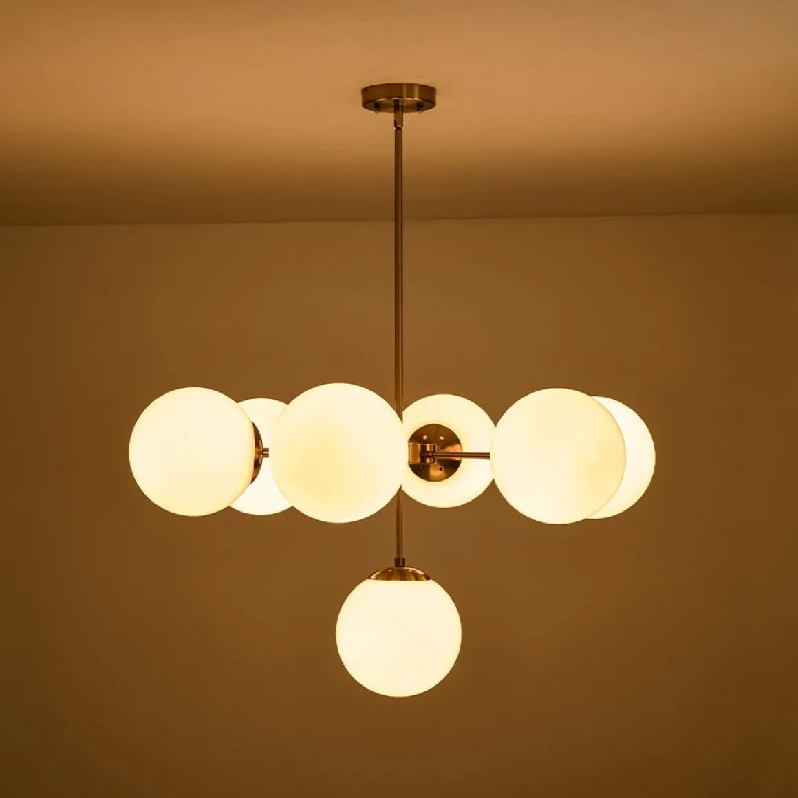 Mid-Century 7-light Brass Opal Glass Globe Sputnik Chandelier