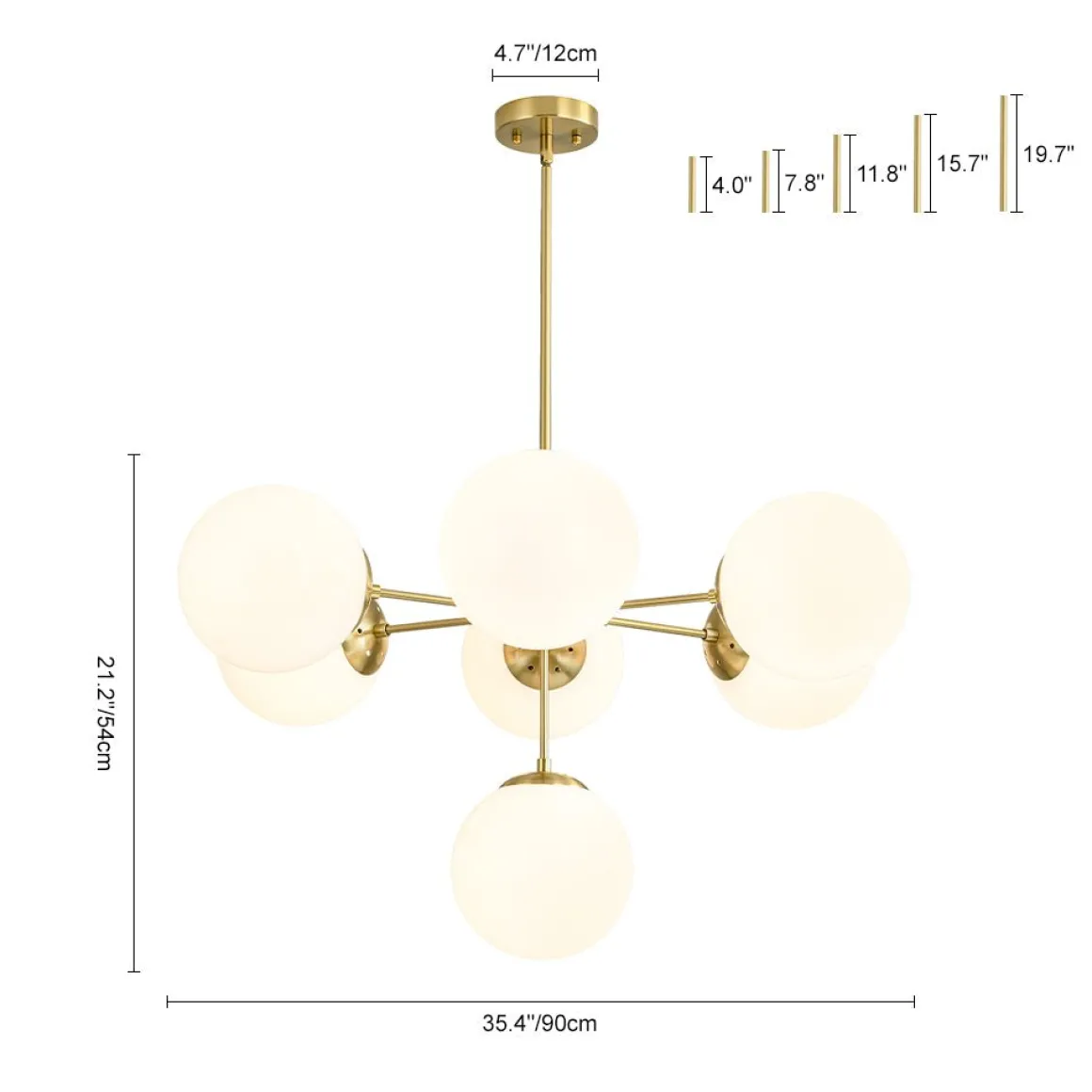 Mid-Century 7-light Brass Opal Glass Globe Sputnik Chandelier