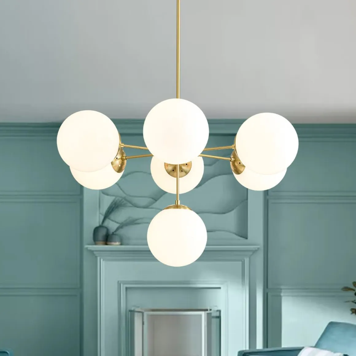 Mid-Century 7-light Brass Opal Glass Globe Sputnik Chandelier