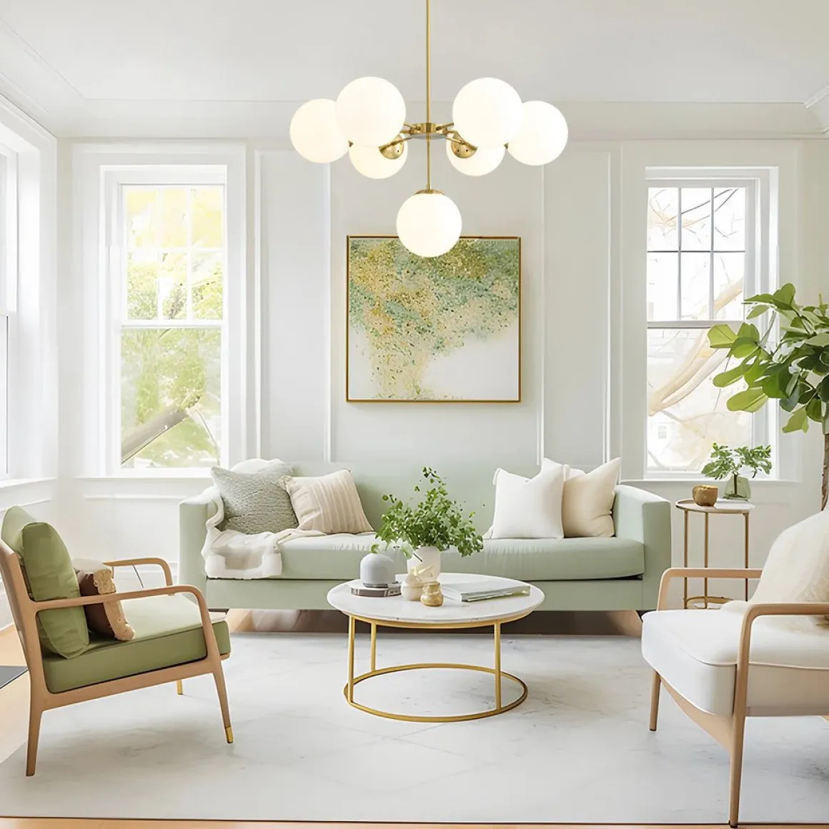 Mid-Century 7-light Brass Opal Glass Globe Sputnik Chandelier