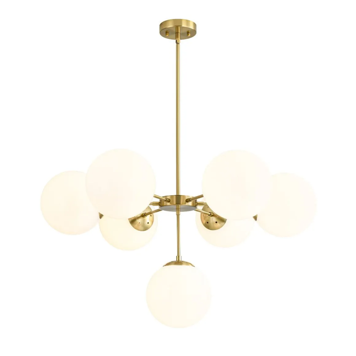 Mid-Century 7-light Brass Opal Glass Globe Sputnik Chandelier