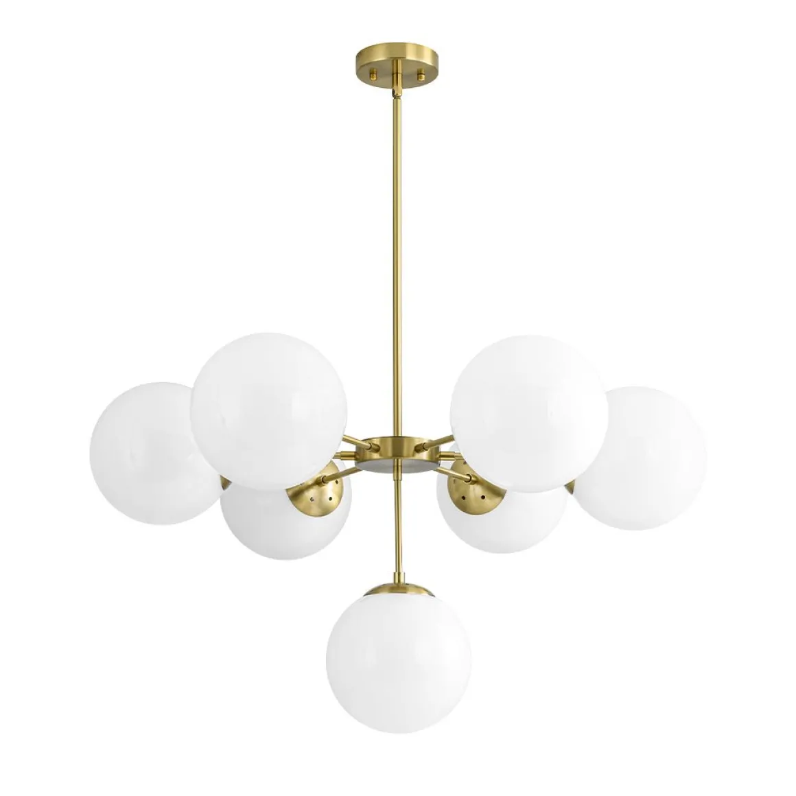 Mid-Century 7-light Brass Opal Glass Globe Sputnik Chandelier