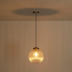 Mid-Century 1-Light Clear Ribbed Glass Globe Pendant