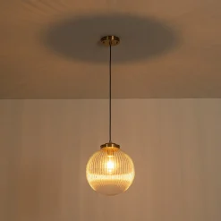 Mid-Century 1-Light Clear Ribbed Glass Globe Pendant