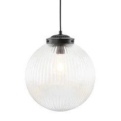Mid-Century 1-Light Clear Ribbed Glass Globe Pendant