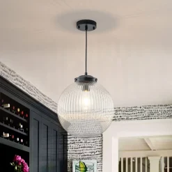 Mid-Century 1-Light Clear Ribbed Glass Globe Pendant