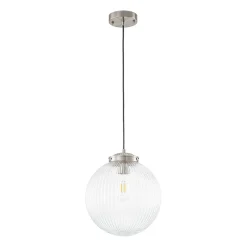Mid-Century 1-Light Clear Ribbed Glass Globe Pendant