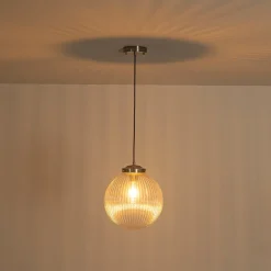 Mid-Century 1-Light Clear Ribbed Glass Globe Pendant