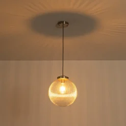 Mid-Century 1-Light Clear Ribbed Glass Globe Pendant
